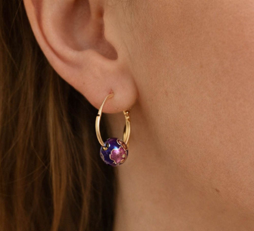 Estate 14K Yellow Gold Cloisonné Enamel Floral Ball Hoop EARRINGS